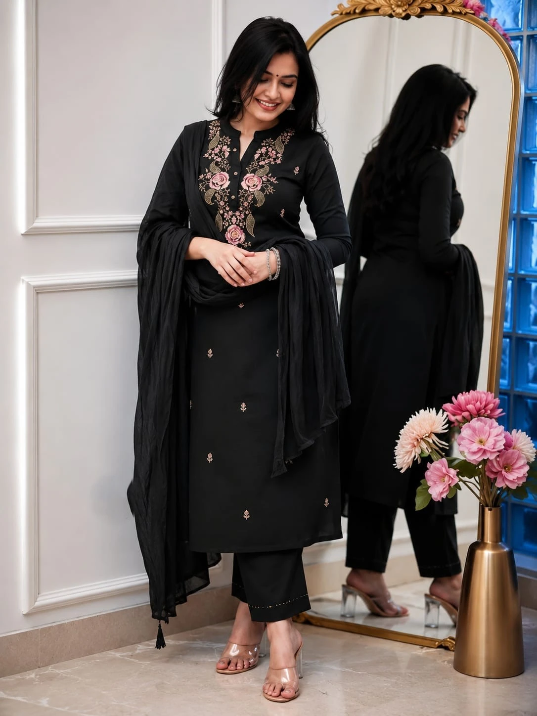 Floral Embroidered Straight Kurta, Pant, and Dupatta Set.